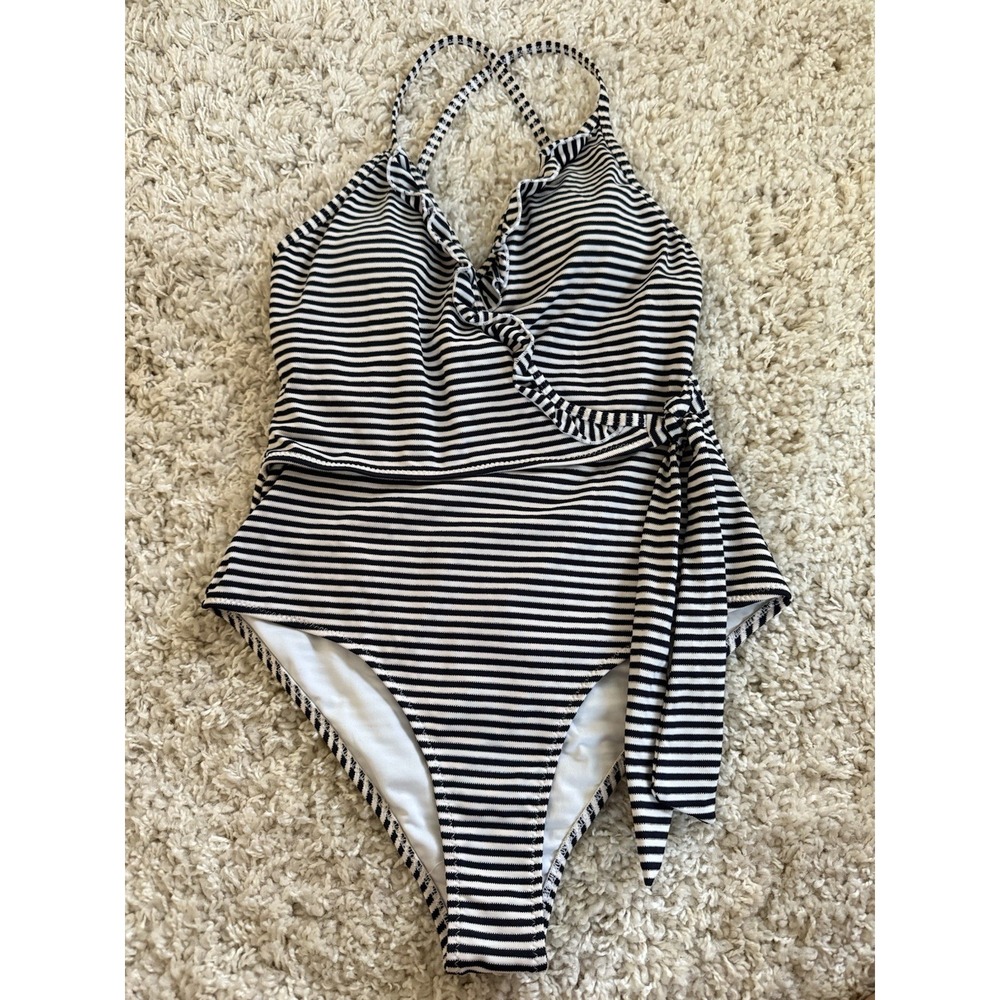 Women's Cupshe Navy And White Striped One-Piece Wrap Top Swimsuit Small